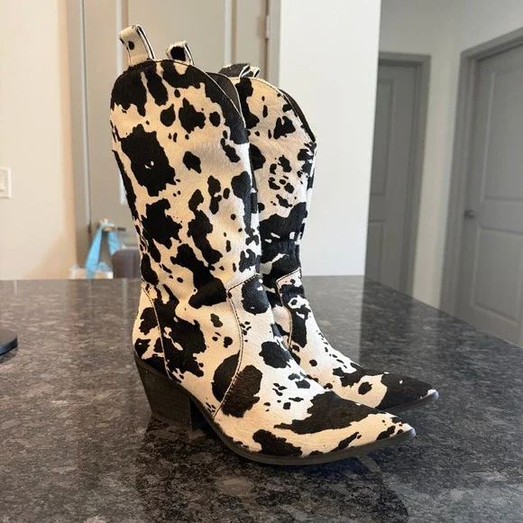 Dingo Live A Little Cow Print Western Boots Black White Size 8 - Picture 1 of 6